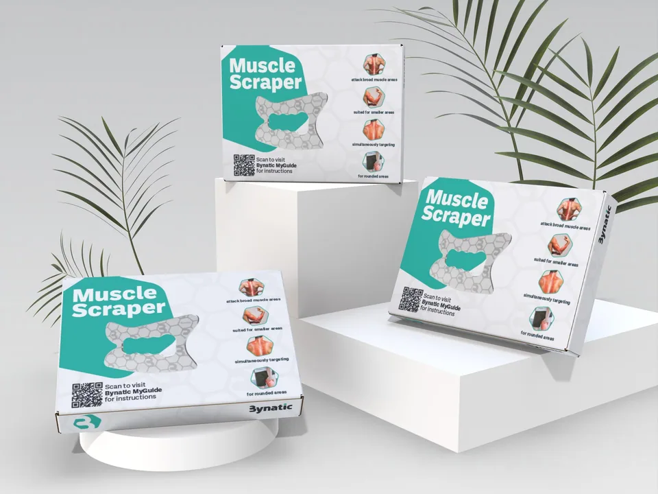 Bynatic Muscle Scraper retail packaging presented on a clean studio set