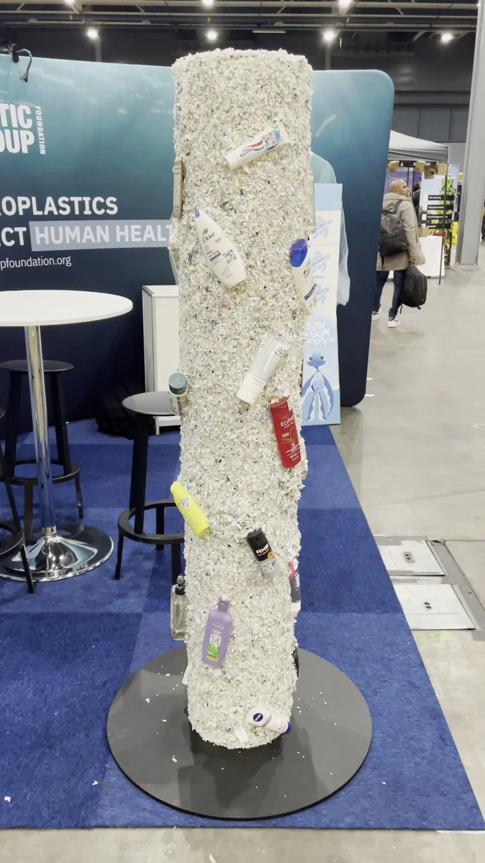 Full view of the Beat the Microbead installation, its attached care products and round base