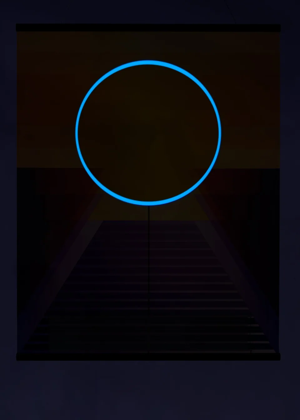 Close view of RA in darkness with a bright blue circular outline