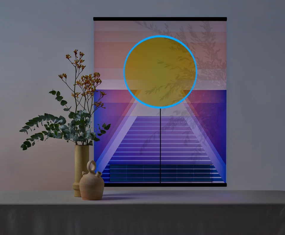RA solar tapestry glowing blue in a darkened interior