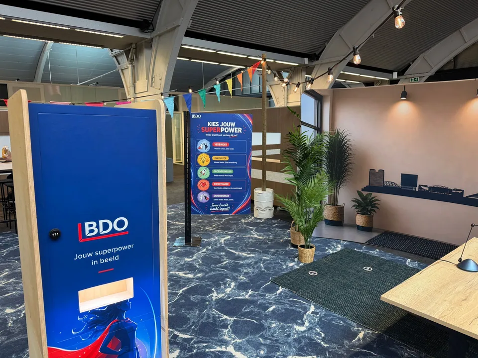 Rear of the BDO Superpower Photobooth showing its branded panel and photo print outlet