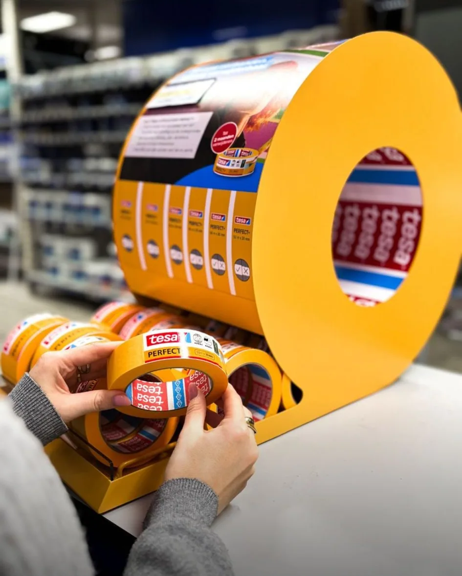 Customer taking a roll of tesa tape from the retail display